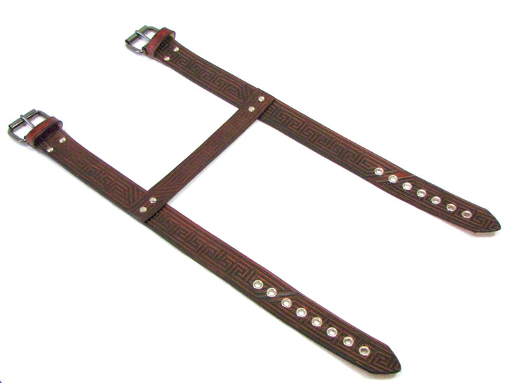 Leather Bedroll Straps-Antique Finish Geometric Design