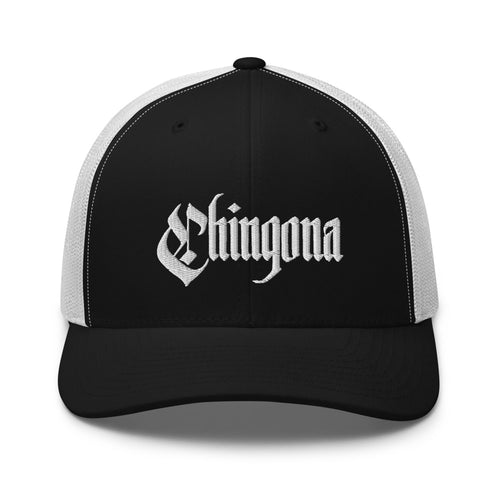 Chingona Retro Trucker Hat - Low Profile Black-White